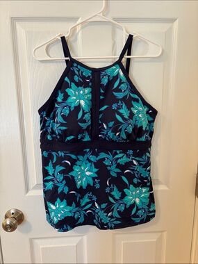 Lands' End Navy & Teal Floral Tankini Swim Top